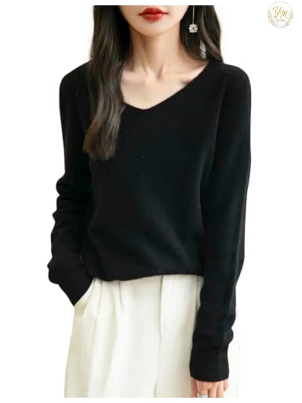 100% Merino Wool V-Neck Seamless Knit Sweater Long Sleeve Pullover